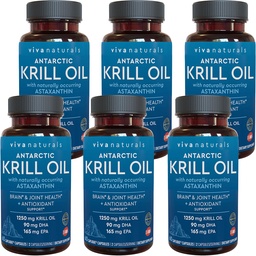Viva Naturals Antarktída Krill Oil 1250 mg, Omega 3 EPA DHA a astaxantín, Joint Support and Brain Supplement with Antioxidant Properties, No Fishy Aftertaste (Pack of 6)