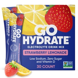 GoHydrate Powder Pakety s nízkym obsahom sodíka Elektrolyty bez cukru - instantná hydratácia Denný nápoj Mix - Zero Cukrová voda Ochutená Packet s vitamínom D - (Jahodová citróna, 30 balení)