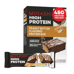 MUSASHI High Protein Bar, 45g Protein, 2g Total Cukry, Arašidové maslo a mlieko Čokoláda potiahnuté, Post Cvičenie a Protein Snack On The Go, 12 Balenie 3,2oz (90g) Bary