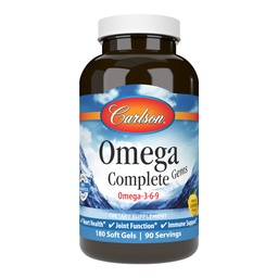 Carlson - Omega Complete Gems, Omega-3-6-9, Wild Caught, Trvalo dostupné, zdravie srdca, spoločná funkcia a imunitná podpora, 180 Softgels