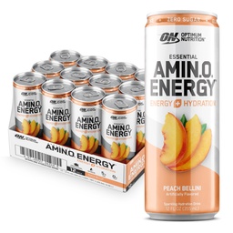 Optimum Nutrition Amino Energy Sparkling Hydration Drink, Electrolytes, kofeín, Amino Acids, BCAA, Sugar Free, Peach Bellini, 12 Fl Oz, 12 Balenie (Backaging May Vary)