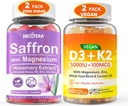 2Pack Saffron Doplnky Gummies + 2Pack Vegan Vitamín D3 5000IU K2 Gummies, celý potravinársky zmes, kokosový olej, horčík