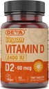 Deva Vegan Vitamín D2 60 μg 2400 IU, Ergokalciferol Supplement with No Animal Ingredients, 90 Tablets, 1- Pack
