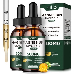 (2 balenia) Magnézium Glycinate Supplement, Magnézium Tekuté kvapky s horčíkom Glycinate 500mg Ashwagandha, L - Theanine, harmanček -Podpory Optimálny pokoj spánku Vegan