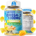 Vegan Omega-3 Gummies 1000mg + Turmerica - Omega 3 Fish Oil Alternatíva pre dospelých - Algae DHA 600mg & EPA 300mg, Vitamíny A, C, E, Zinok & MSM, bez cukru, 60 Cts