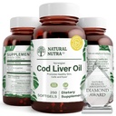 Natural Nutra Norwegian Cod Liver Oil Supplement, pomáha udržiavať pokožku, pomáha udržiavať telesnú hustotu, zdravie očí a nervy funkcie, podporuje zubné zdravie, podporuje kardiovaskulárne zdravie, 250 Softgels