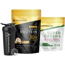 Transformácia Vanilla Protein prášok, Super Greens Superfood Zelená šťava prášok a výkon Izolovaný fľaša Shaker