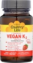 Country Life Vegan Vitamín K2, 500 μg, Dual Spectrum MK-4 a MK-7 Complex, podporuje zdravie kostí a zubov, 60 žuvacie tablety, Jahodová chuť