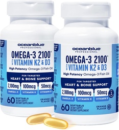 Oceanblue Professional Omega-3 2100 s vitamínom K2 a vitamínom D3-60 počet 2 Balenie- Trojitá sila Burpless Fish Oil Supplement with EPA, DHA & DPA - Wild Caught - Orange flavor, 60 Servings