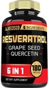 6in1 Trans Resveratrol Supplement with Grape Seed, Milk Thitle, and More - Resveratrol 1000mg - Podpora imunitného systému, zdravie srdca, Manažment tela - 180 Kapsule