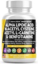 Alfa Kyselina lipoová 600 mg N-acetylcysteín 600 mg Acetyl L-karnitín 500 mg Benfotiamín 300 mg - Nerve Suplement Suplement for Women and Men with Vitamin B1 B6 & B12 - Made in USA 90 Caps