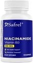 Safrel Niacínamid 500mg (vitamín B3) - 120 Kapsule - Zdravie pokožky a Blámska podpora - Non-GMO, Gluten-Free - Flush-Free Formula - pre mužov a ženy