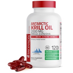 Bronson Antarktída Krill Oil 2000 mg s Omega-3s EPA, DHA, Astaxantín a fosfolipidy 120 Softgels (60 Servings)