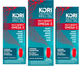 Kori Krill Oil Omega 3 Supplement, Antarktic Krill Oil with Superior Absorbtion vs Fish Oil, 1200mg Softgels, 30 Softgels, EPA & DHA (pack of 3)