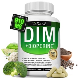 Dim Supplement 910 mg Plus BioPerine Complex - Diindolylmetán na podporu hormonálnej rovnováhy a estrogénového metabolizmu, pomáha s Menopauzou Akné PCOS Lepšia kulturistika kože, pre mužov Ženy, 60 Kapsule