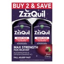 ZzzQuil Liquid Max Strength Pain Reliever, Nighttime Sleep Aid Liquid, Acetaminophen 1000mg, Difenhydramín 50mg HCI, Non-Habit forming, Black Cherry Ochutené, 2 balenie, 24 FL OZ