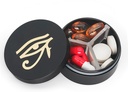 Malá tabletka Prípad 3 Compartments, Metal Round Prenosné pilulky Box, Nepremokavé cestovné pilulky Organizátor, vrecková Purse Medicine Vitamínový držiak EDC Kontajner (Čierny s očami)
