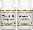 Vitamín D3 doplnok Kalifornia Gold Nutrition - Podpora pre zdravé kosti a zuby - Imunitný systém Podpora - bezlepok, non-GMO - 125 μg (5,000 IU) - 2 Balenie 90 Rybia želatína Softgels Každý