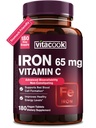 Železo Supplement for Women Muži, High Potency Železo 65mg s vitamínom C 250mg, Žalúdočné Železo Tablety pre červené krvinky a imunitnú podporu, bez GMO a bez lepku 180 Vegan Tablety