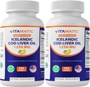 Vitamatic 2 Balíček Islandská treska Liverový olej Kapsule 1250mg 120 Softgels (Lemon Flavor) - Podporuje kardiovaskulárne zdravie