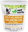 Vet Worthy Salmon Oil Skin and Coat Soft Chews for Psy - Doplnok pre psov na podporu zdravej kože a krásnej kože - Rybí olej doplnok s Omega 3 mastné kyseliny - Salmon Flavor - 30 mäkké žuvačky