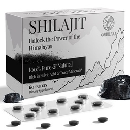Shilajit Tablety 1000 MG, 100% Himalayan Organic, Shilajit Supplement Bohaté na kyselinu fulvovú & 85+ Stopové minerály pre mužov a ženy, Energetický a imunitný systém, 60 Počet