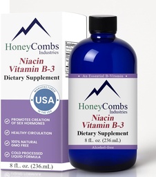 HoneyCombs Vitamín B3 Niacin Supplement Tekuté kvapky - vysoká potencia Vitamín B3 Tekuté kvapky pre mužov a ženy - Udržiavajte trávivý systém, koža, jazyk, energia a viac - Vegan Niacin Drop (8 Fl oz)