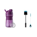 BlenderBottle SportMixer fľaša s trieskaním ideálna pre proteínové Shake a pre cvičenie, 20-Ounce, Plum & 2-in-1 fľaša a slama čistenie kefka, 1 balenie, šedá
