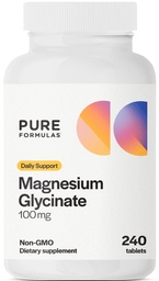 PureFormulas Magnézium Glycinate 100 mg denná podpora pre stres, nervy, spánok, svalovina, metabolizmus Čistý Magnesio Non-GMO 240 tabliet pre ženy a mužov