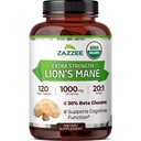 Zazzee USDA Organic Lion's Mane 20:1 Extrakt, 30% Polysacharidy, 16,000 mg Sila, 120 Vegan Kapsule, Nootropné pre zdravie mozgu, zameranie, pamäť, koncentrácia a imunitná podpora, Made in The USA