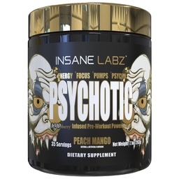 Insane Labz Psychotic Gold, High Stimulant Pre Cvičenie Powder, Extrémne Trvalá energia, Čerpadlá a vytrvalosť s Beta Alanyne, DMAE bitartrate, NO Booster (35 Servings, Peach Mango)