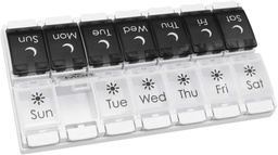EZY DOSE Push Button (7-Day) Pill Case, Medicine Planner, vitamín Organizátor, 2 Times a day AM/PM, Odnímateľné podnosy, Veľké kompartmenty, Artritída Priateľsky, Jar Open Black a White Lids, bez BPA