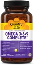 Country Life Omega 3-6-9 Complete Supplement - 1,534mg Omega Mastné kyseliny - podporuje kardiovaskulárne, mozgové, kožné a imunitné zdravie - Certified Gluten Free, non-GMO - 90 Softgels