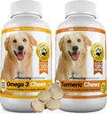 Amazing Combo Omega-3 Fish Oil and Turmeric Curcumin for Dogs - Pure All-Natural Pet Antioxidant - Podporuje lesklé Coat, Brain Health, Eliminuje bolesti kĺbov, 120 Chutné Chews x 2