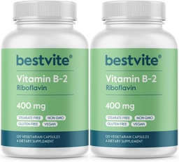 BESTVITE vitamín B-2 (Riboflavín) 400mg (240 Vegetariánske kapsuly) (120 x 2) - žiadne stearáty - Vegan - Non GMO - bez lepidla