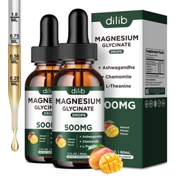 Magnézium Glycinate Tekuté kvapky Supplement, s horčíkom Glycinate 500mg Ashwagandha, L - Theanine, harmanček -Podpora Relief stresu, kosti, svalovina, Mood Mango Flavor 2Pack