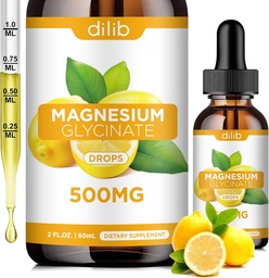 Glukinát horečnatý doplnok, horčík Glycinát Tekuté kvapky 500 mg s vápnikom, zinok, vitamín B6, D3, L-teanín, Omega 3 pre spánok, nálada, úľava na stres, kosti, svalová, citrónová príchuť