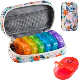 Serfeymi Travel Pill Organizátor 2 Časy A deň AM Upgrade Rainbow Pill Box 7 Deň s prenosným zips PU kožené Pill prípad, Medicína Organizátor pre pilulky, vitamíny, rybie oleje - kvetina 03
