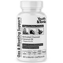 Youth & Tonic Activated Charcoal Pills for Bloating and Gas Relief to Soothe The Žalúdok a tráviaci systém Detox with Peppermint & Organic Coconut Oil, pre mužov a ženy - 60 Tekuté kapsuly