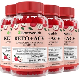 Apple Cider Ocogar Gummies, Max Strength 2000mg ACV Gummy s probiotikami, B12 a Keto Podpora, Pre zažívanie, Metabolizmus, Detox, Gut & Immune Health, Želatína-free, non-GMO, 240 keto akv ďasien