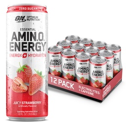 Optimum Nutrition Amino Energy Sparkling Hydration Drink, Electrolytes, kofeín, Amino Acids, BCAAs, Sugar Free, Juicy Strawberry, 12 Fl Oz, 12 Balenie (Backaging May Vary)