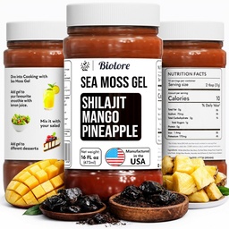 Biolore Wildcrafted Sea Moss Gel with Shilajit - Mango Ananás 16 oz - Ochutené more Moss Gel s esenciálnymi vitamínmi a stopovými minerálmi - Vegan Superfood - Made in USA, Gluten-free, No Added Sugar