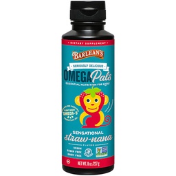 Barleanove omega Pals Omega 3 pre deti, Yummy Straw-Nana Ochutený detský tekutý ľanový olej s 1,483 mg ALA, Non-GMO, Vegan Brain and Eye Health, 8 oz