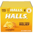 HALLS Cough and Throat Relief Honey Lemon Cough Drops, 20 Sticks of 9 (180 Celkové kvapky)