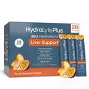 Hydralyte Pečeň Podpora + Elektrolyte Mix s mliekom bodliak, kurkuma, zázvor, tehlový pear, zelený čaj extrakt formulovaný pre rýchlu rehydratáciu (Peach musion Ginger, 20 paketov)