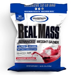 Gaspari Nutrition Real Mass: Advanced Weight Gainer, Protein and Complex Carb Blend, 50g Protein, 16g EAA, Gluten-free, 12 libier (Jahodový mliečny koktail)
