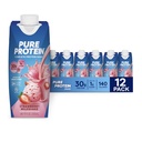 Čistý proteín Jahodový proteín Shake, 30g Kompletný proteín, Pripravený na pitie a Keto-Friendly, Vitamíny A, C, D a E plus Zinok na podporu imunitného zdravia, 11oz fľaše, 12 ks