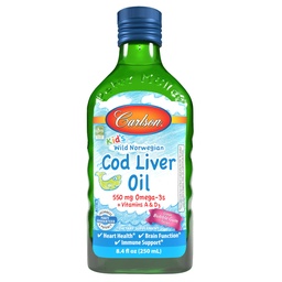 Carlson - detský cod Liver Oil, 550 mg Omega-3s, vitamíny A & D3, divoká nórčina, bublinková guma, 250 ml