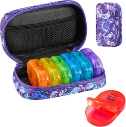 Serfeymi Travel Pill Organizátor 2 Časy A deň AM Upgrade Rainbow Pill Box 7 Deň s prenosným Zipper Canvas Pill prípad, Medicína Organizátor pre pilulky, Vitamíny, Rybie oleje - fialové 01