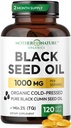 Black Seed Oil Kapsule 1000mg, Organic Cold Pressed Black Cumin, High TQ, Immune & Joint Support, 120 Počet (2 Mesiac dodávky)